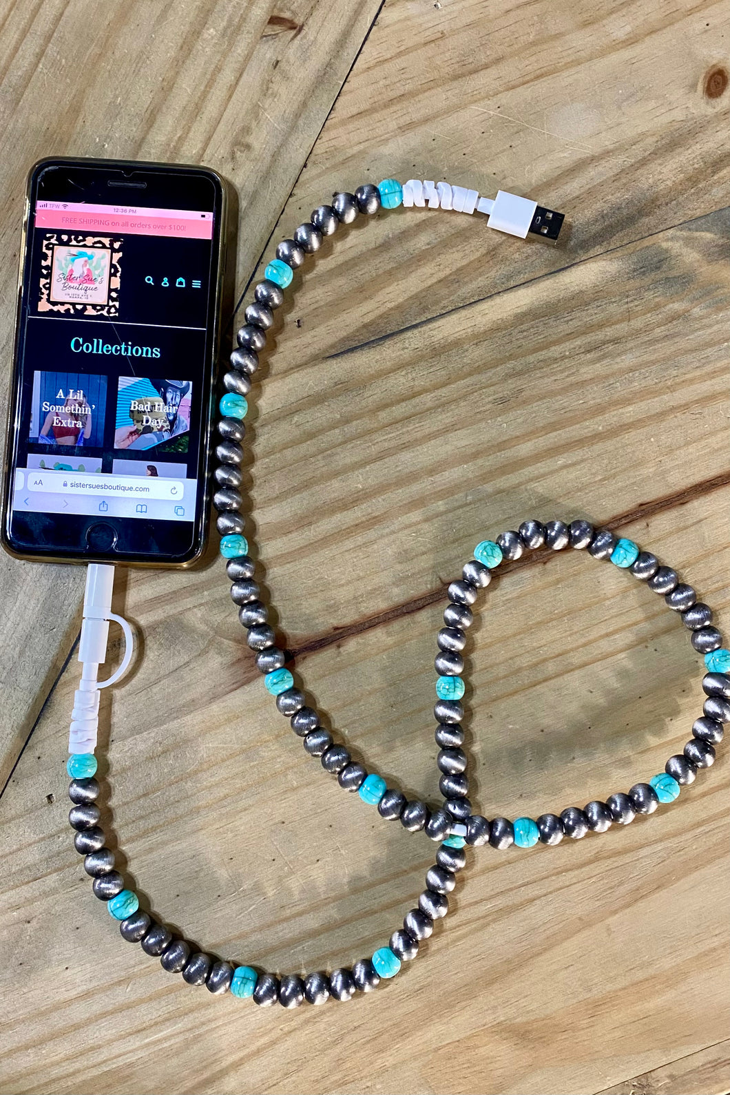 Turquoise & Pearls Phone Charger