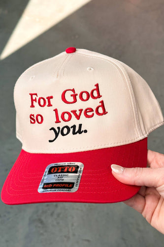 Red, tan, black with 'For God so loved you' text 