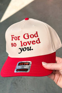 Red, tan, black with 'For God so loved you' text 