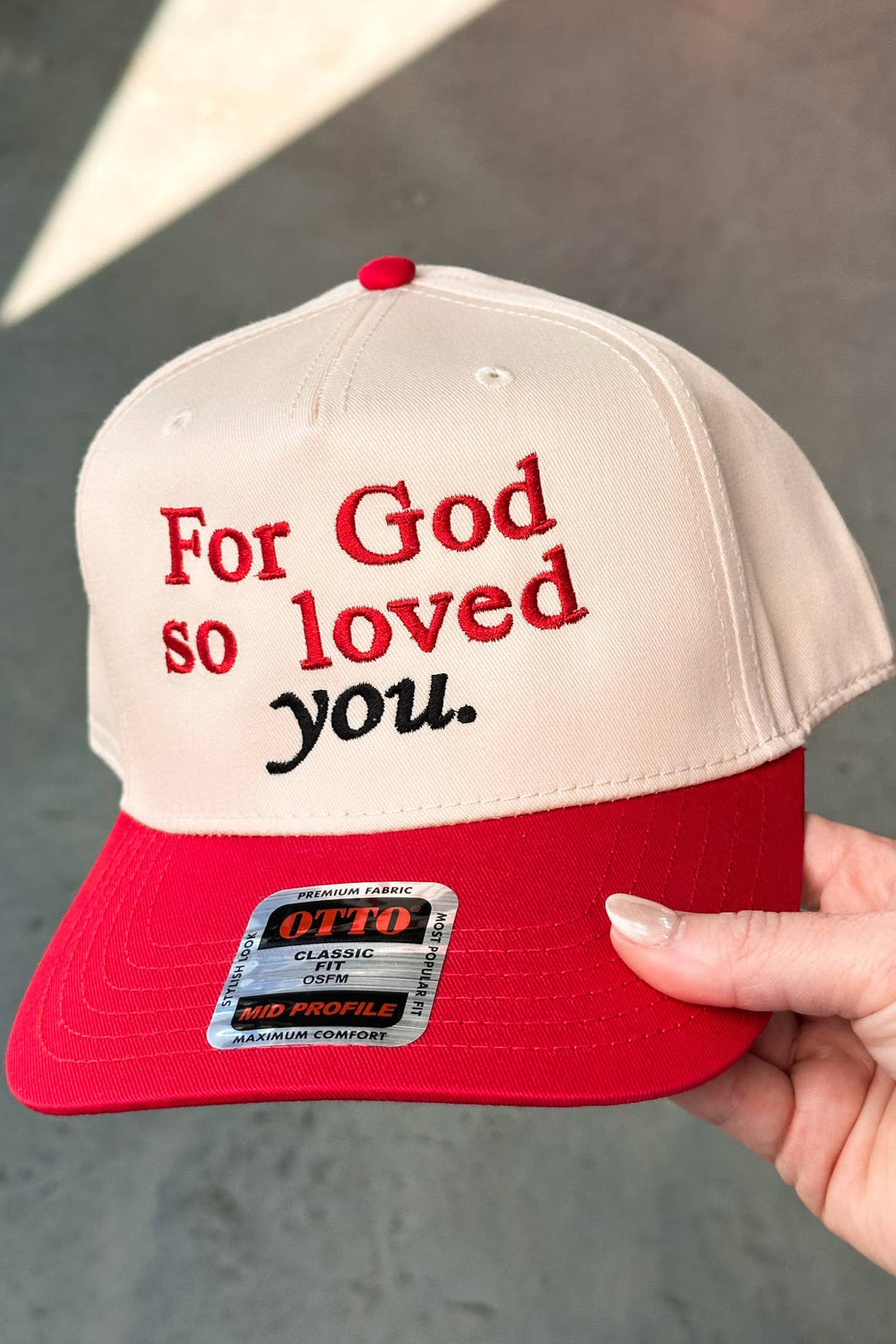Red, tan, black with 'For God so loved you' text 