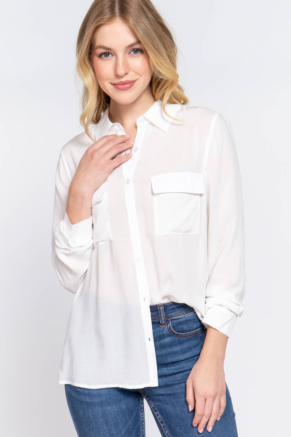 Woven In White Button Up Blouse