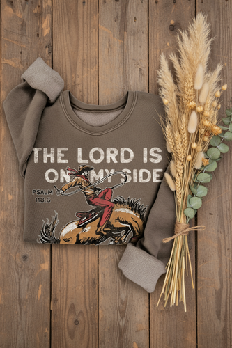 Brown sweatshirt with western graphic design and text 'The Lord is on my side' Psalm 118:6