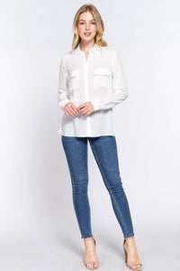 Woven In White Button Up Blouse