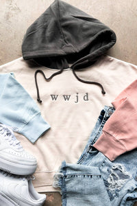 Tan colored hoodie with 'wwjd' text, light blue sleeve, pink sleeve, and charcoal hood.